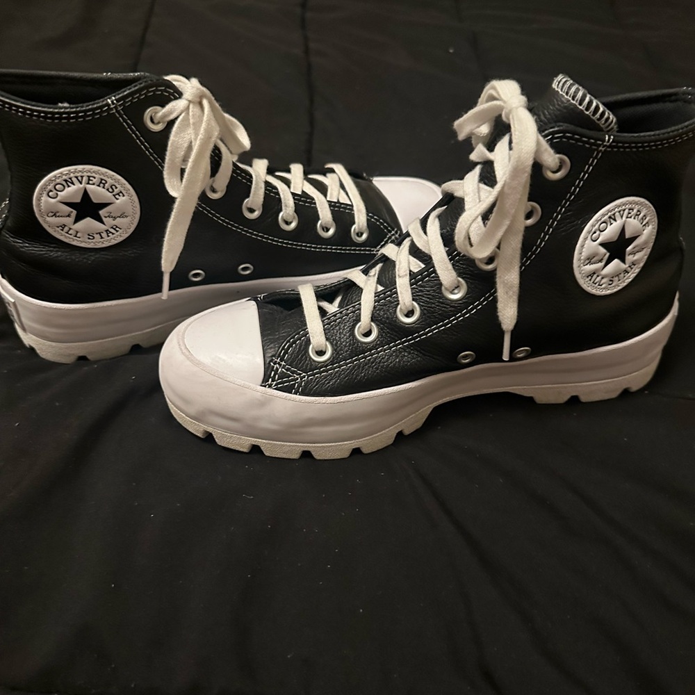 Women’s Converse All-Star Black and White Leather HighTop Sneakers - Picture 2 of 3
